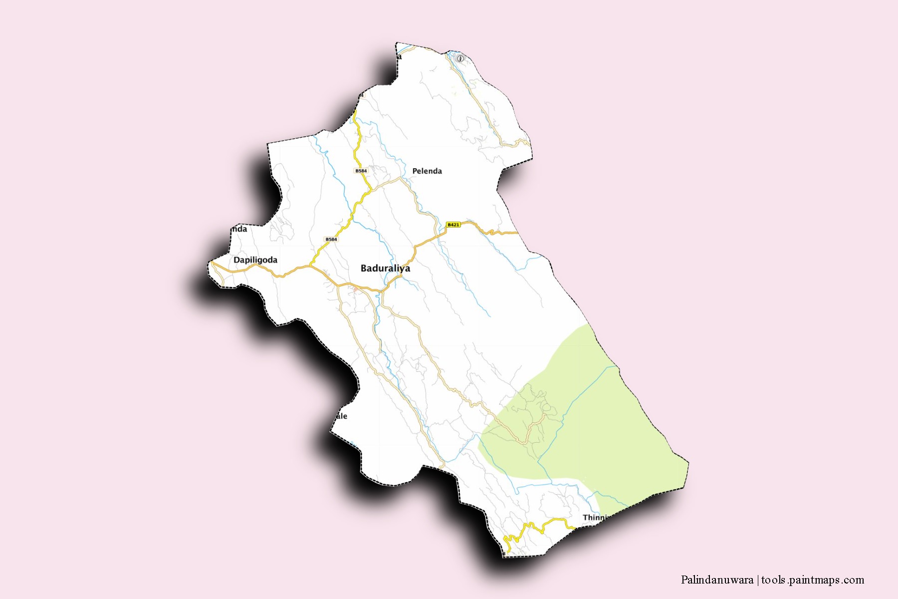 Mapa de barrios y pueblos de Palindanuwara con efecto de sombra 3D