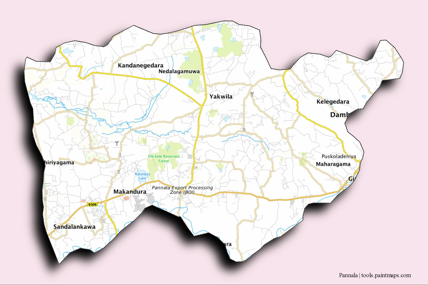 Mapa de barrios y pueblos de Pannala con efecto de sombra 3D