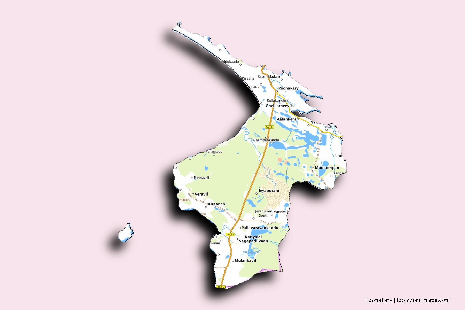 Mapa de barrios y pueblos de Poonakary con efecto de sombra 3D