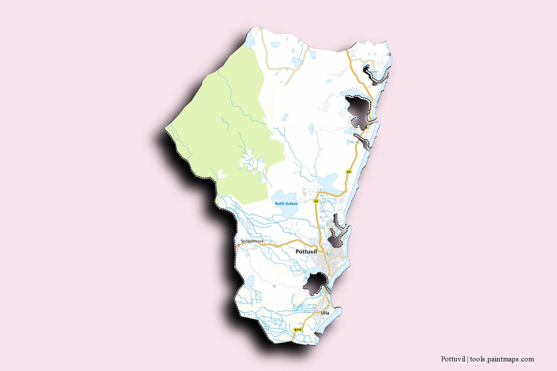 Mapa de barrios y pueblos de Pottuvil con efecto de sombra 3D