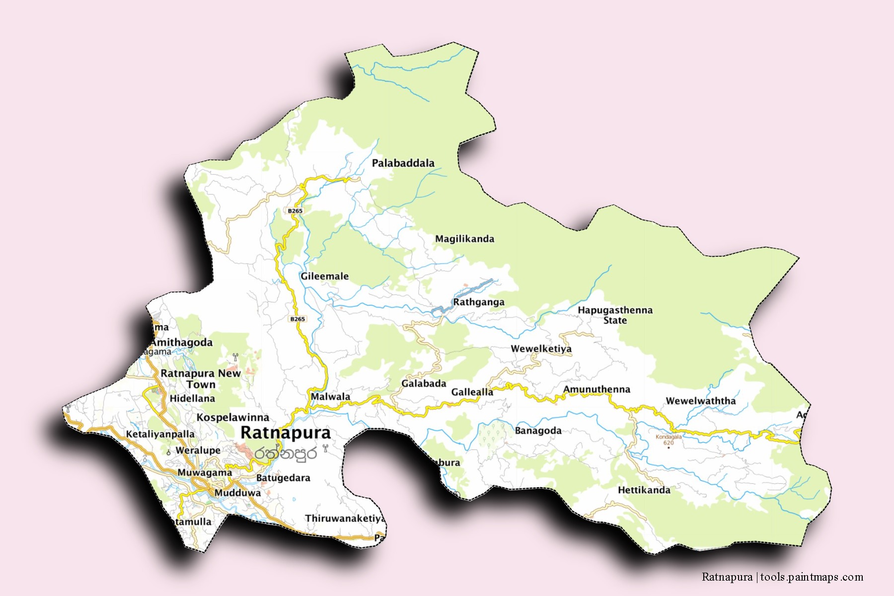 Mapa de barrios y pueblos de Ratnapura con efecto de sombra 3D