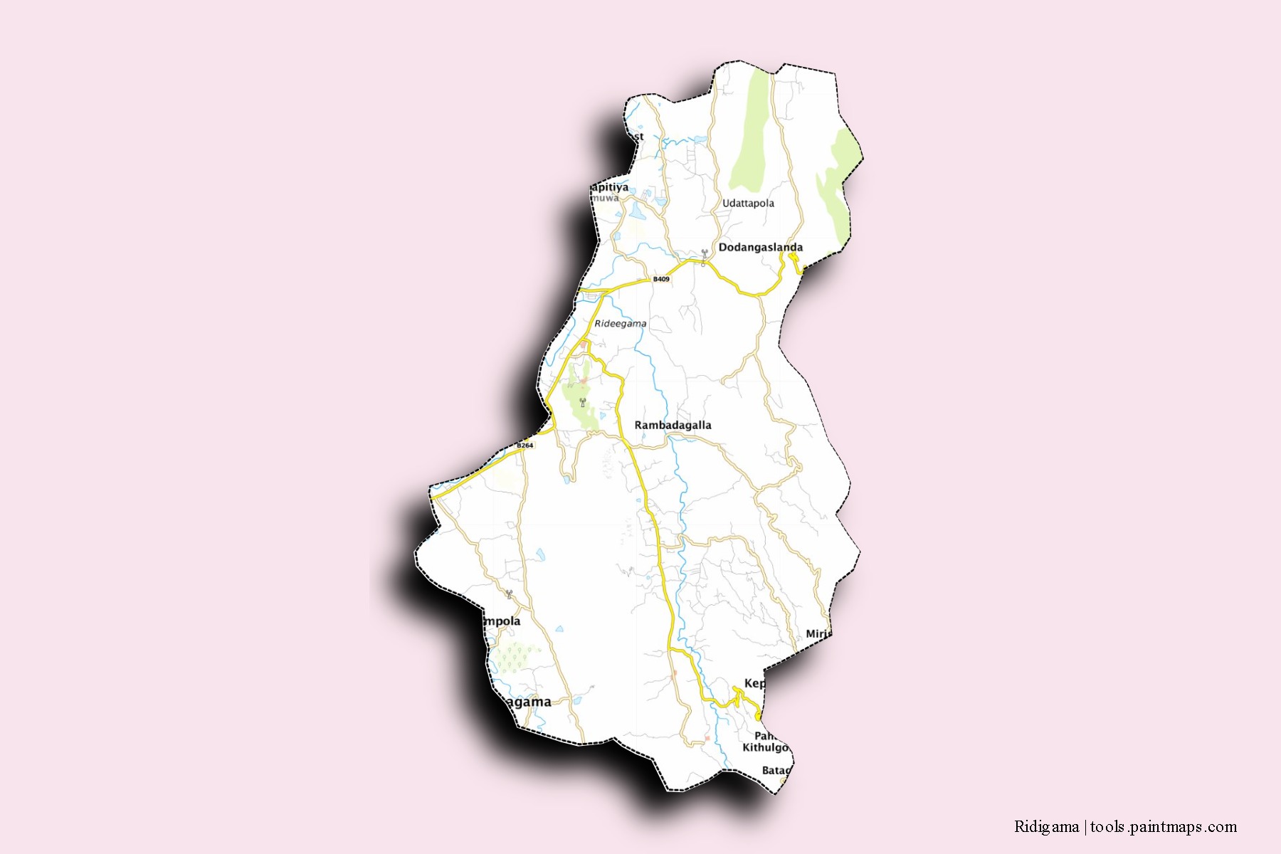 Mapa de barrios y pueblos de Ridigama con efecto de sombra 3D