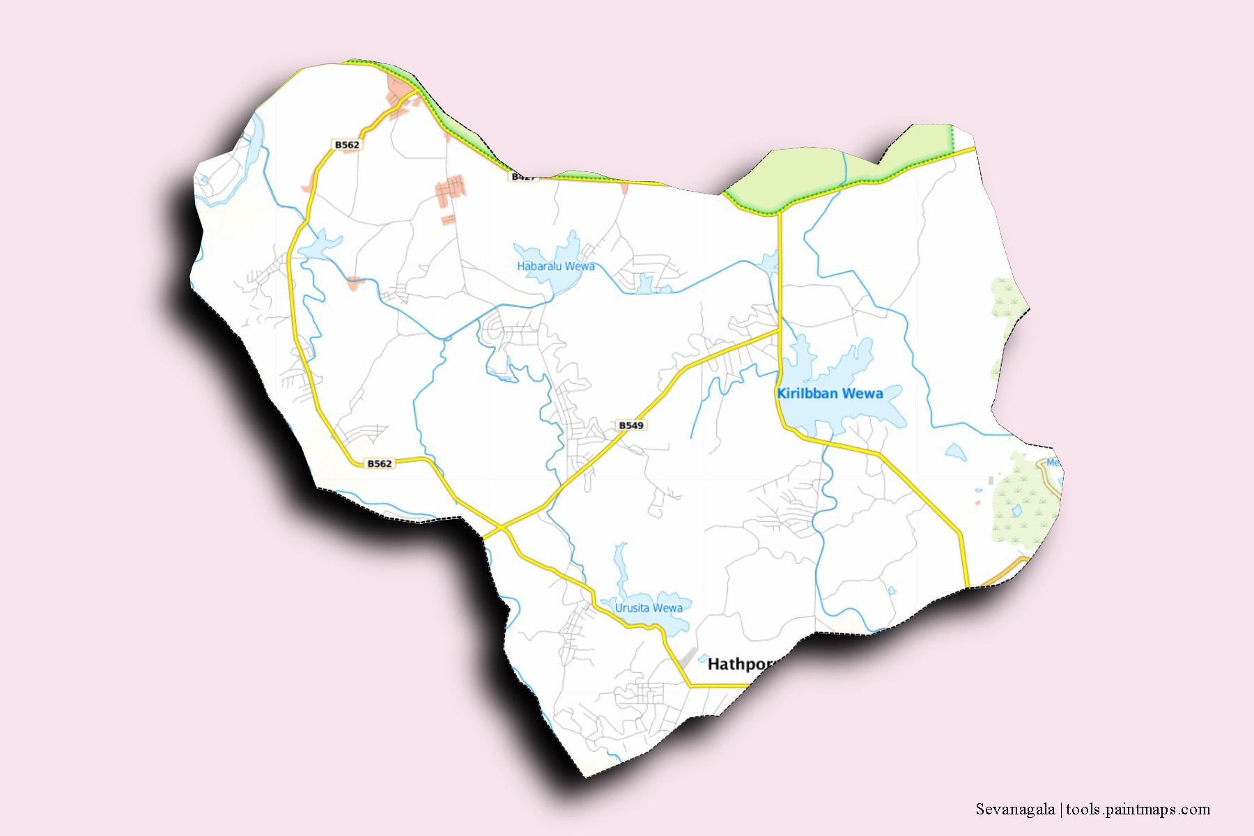 Sevanagala neighborhoods and villages map with 3D shadow effect