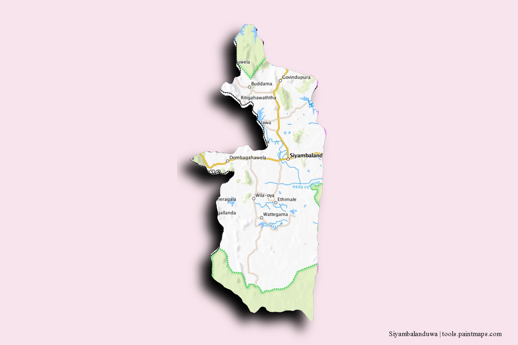 Mapa de barrios y pueblos de Siyambalanduwa con efecto de sombra 3D