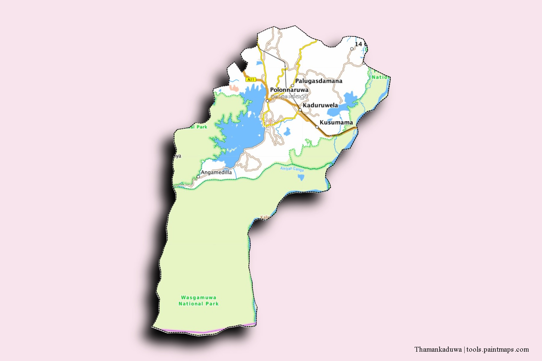 Thamankaduwa neighborhoods and villages map with 3D shadow effect