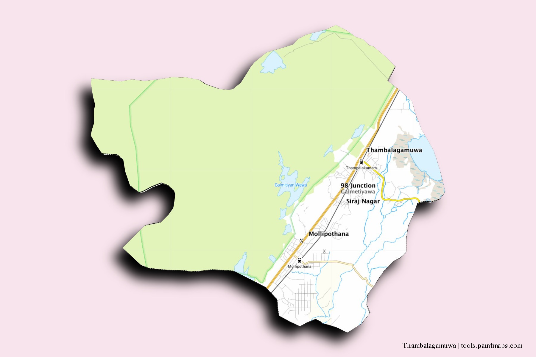 Thambalagamuwa neighborhoods and villages map with 3D shadow effect