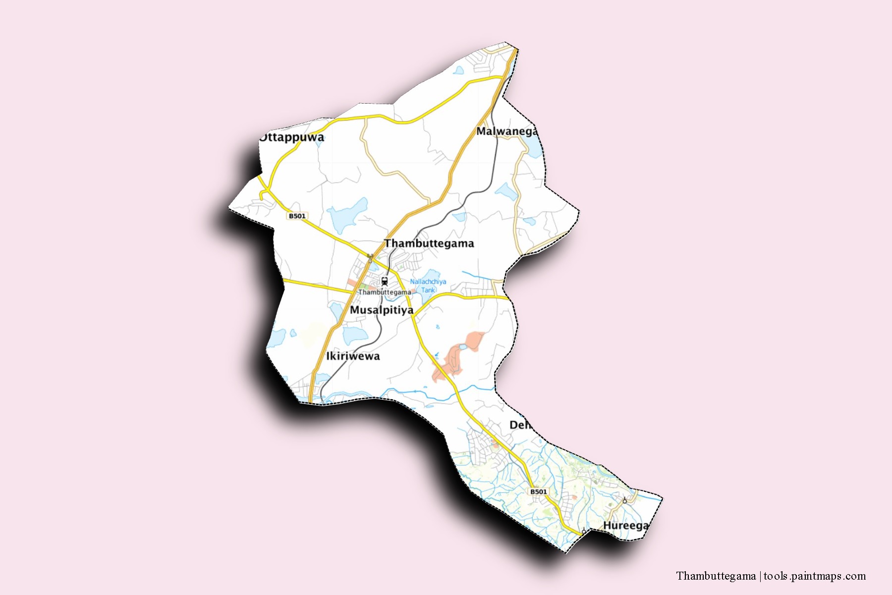 Thambuttegama neighborhoods and villages map with 3D shadow effect