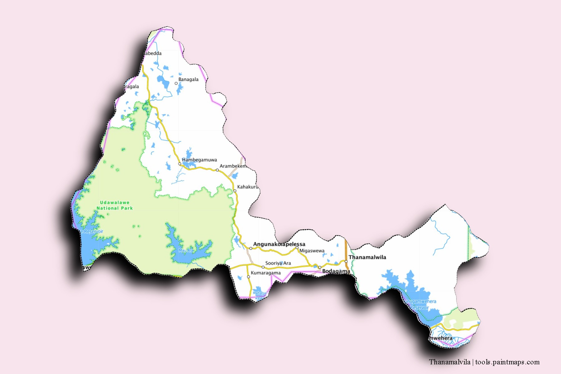 Thanamalvila neighborhoods and villages map with 3D shadow effect