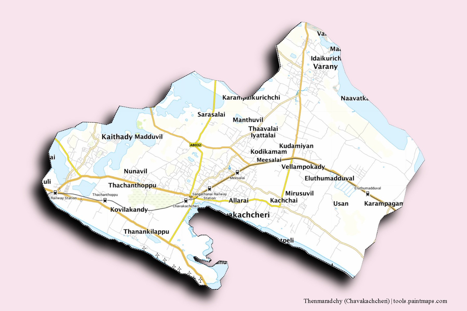 Thenmaradchi neighborhoods and villages map with 3D shadow effect