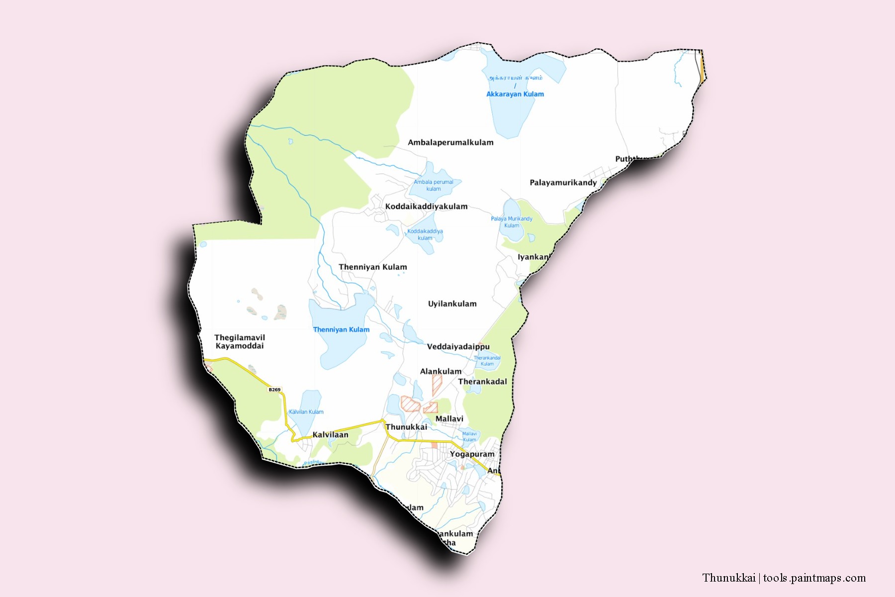 Mapa de barrios y pueblos de Thunukkai con efecto de sombra 3D