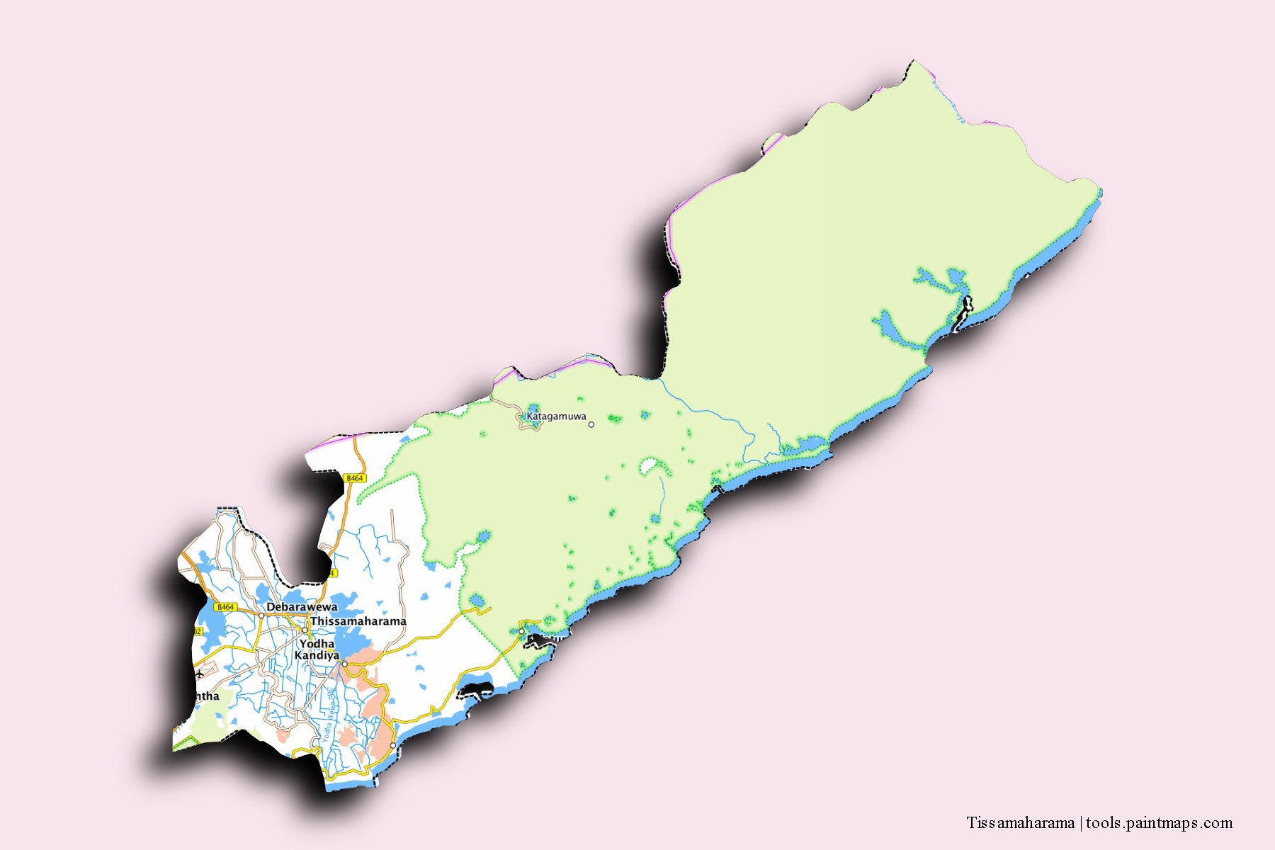 Mapa de barrios y pueblos de Tissamaharama con efecto de sombra 3D