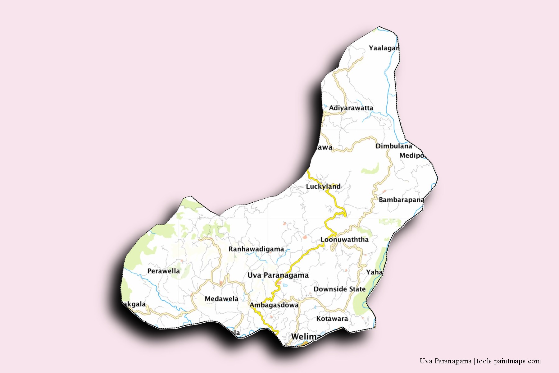 Mapa de barrios y pueblos de Uva Paranagama con efecto de sombra 3D