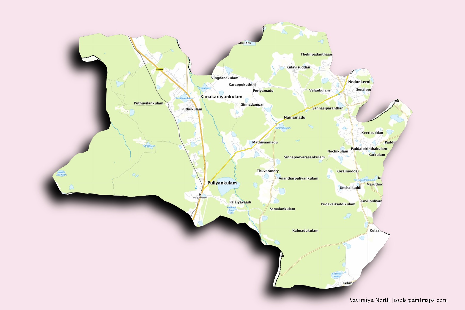 Vavuniya North neighborhoods and villages map with 3D shadow effect