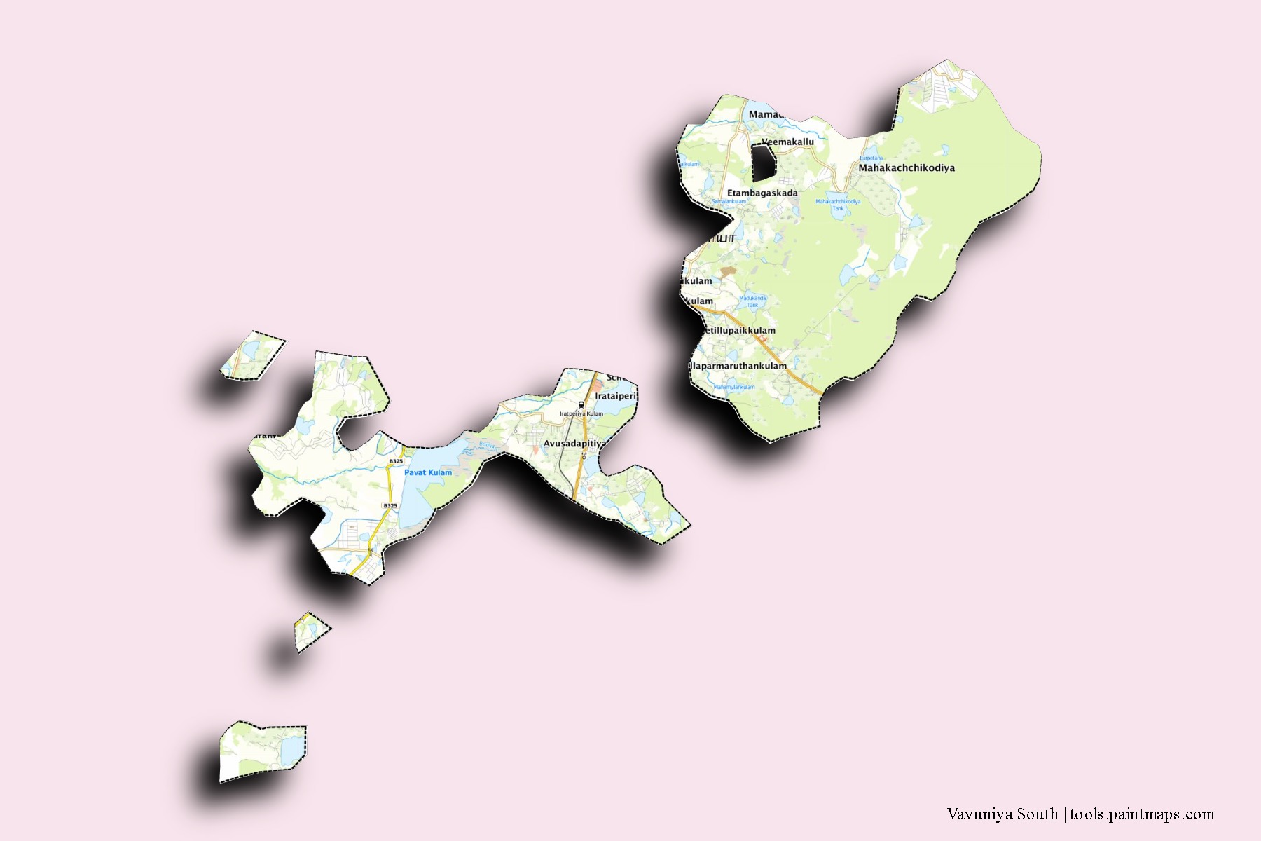 Vavuniya South neighborhoods and villages map with 3D shadow effect