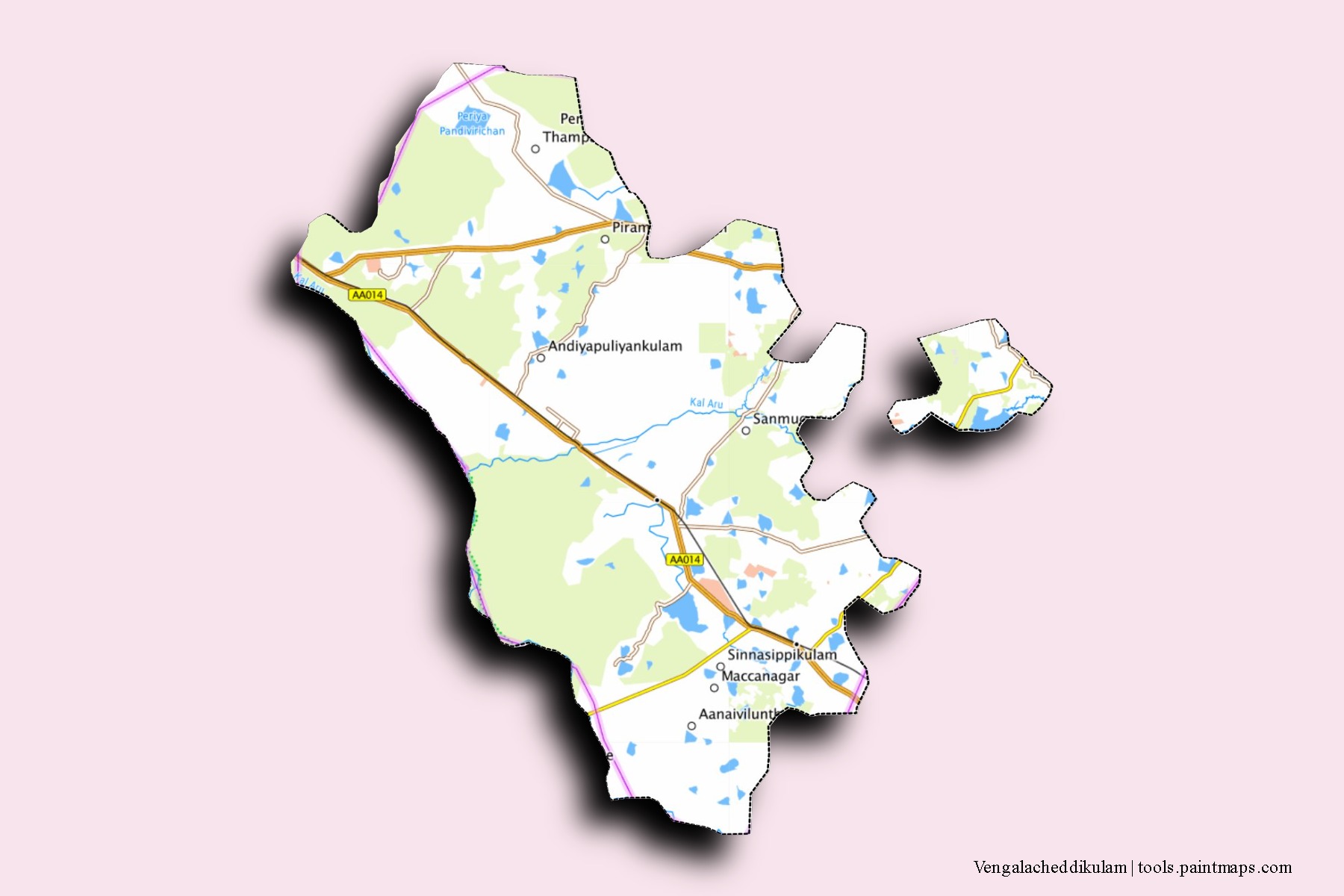 Mapa de barrios y pueblos de Vengalacheddikulam con efecto de sombra 3D