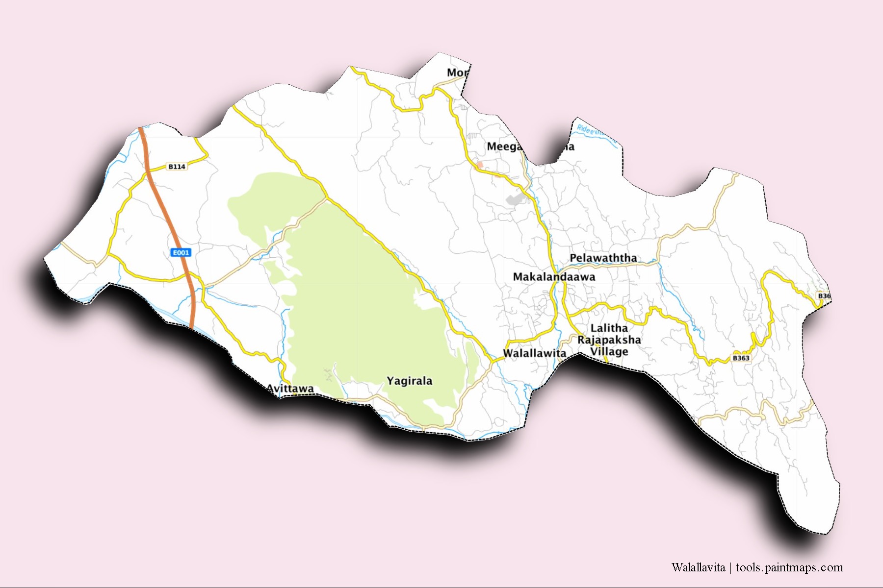 Walallawita neighborhoods and villages map with 3D shadow effect