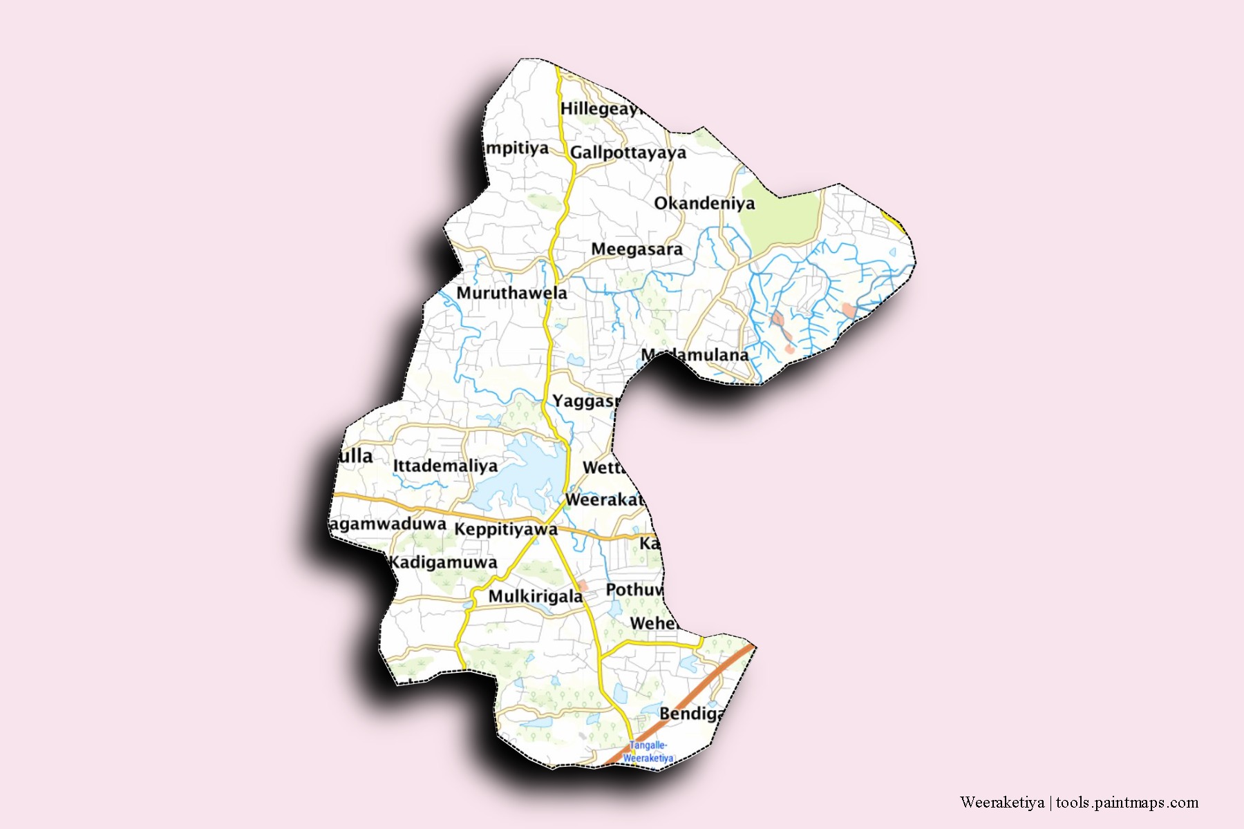 Mapa de barrios y pueblos de Weeraketiya con efecto de sombra 3D