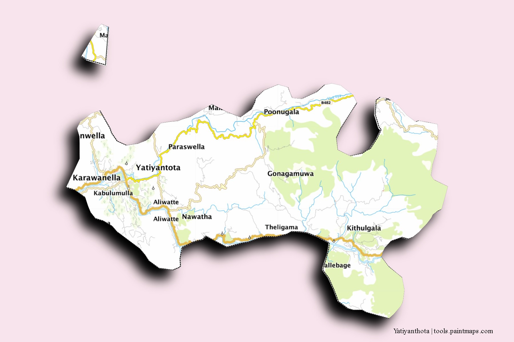 Mapa de barrios y pueblos de Yatiyanthota con efecto de sombra 3D