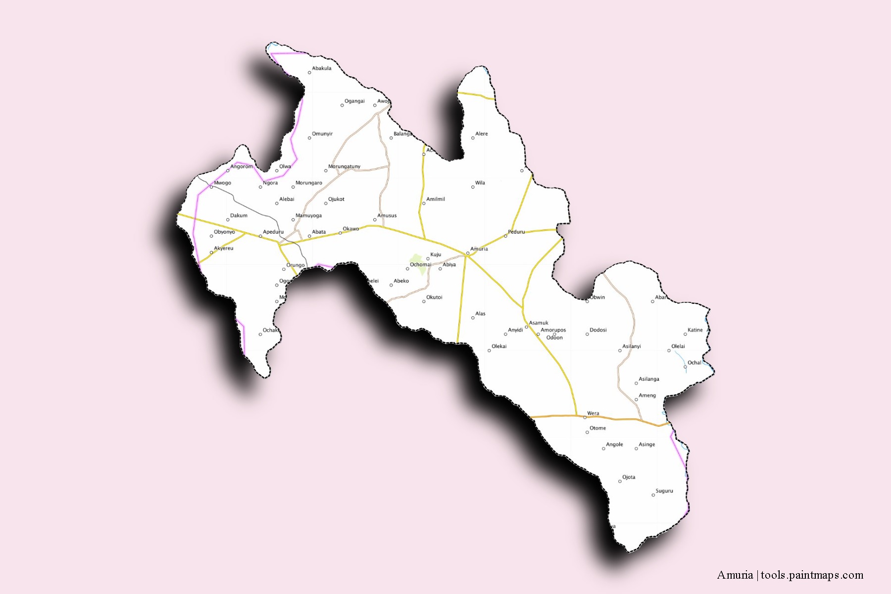 Mapa de barrios y pueblos de Amuria con efecto de sombra 3D