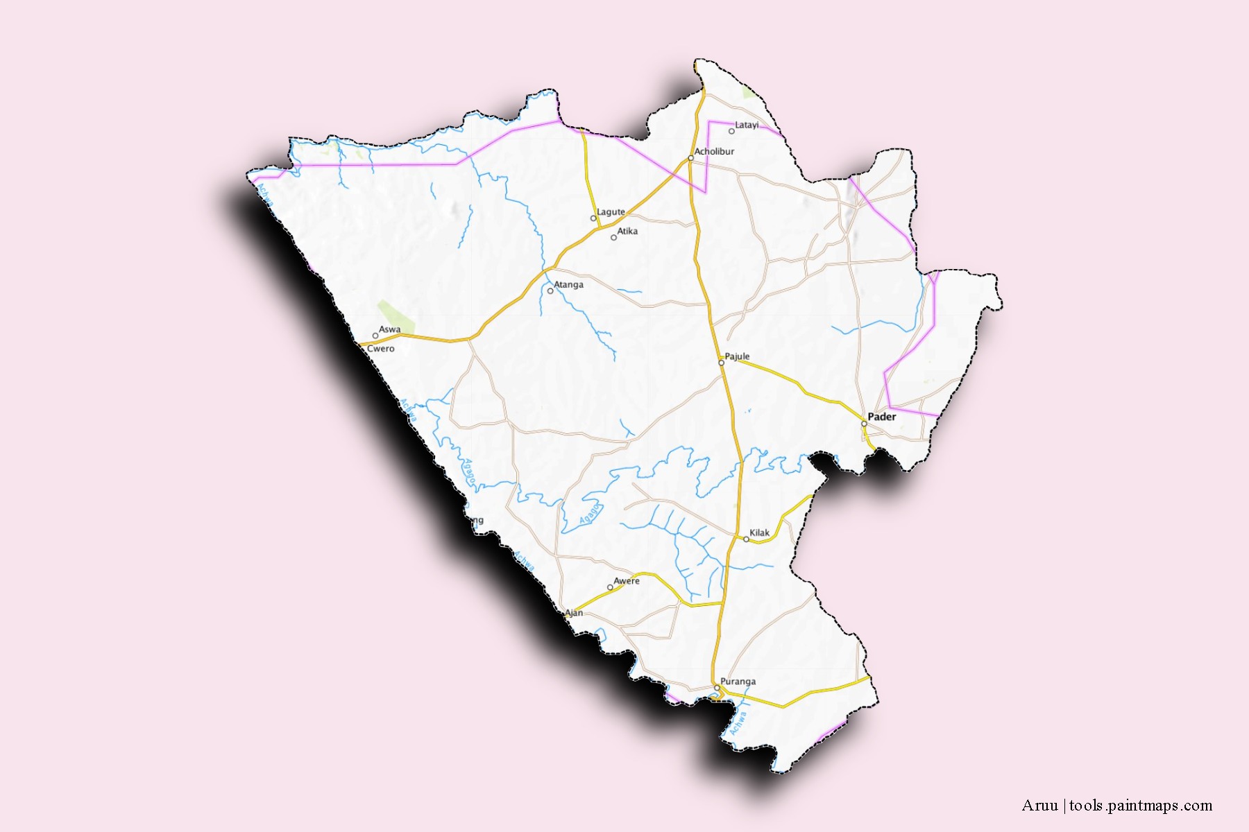 Mapa de barrios y pueblos de Aruu con efecto de sombra 3D