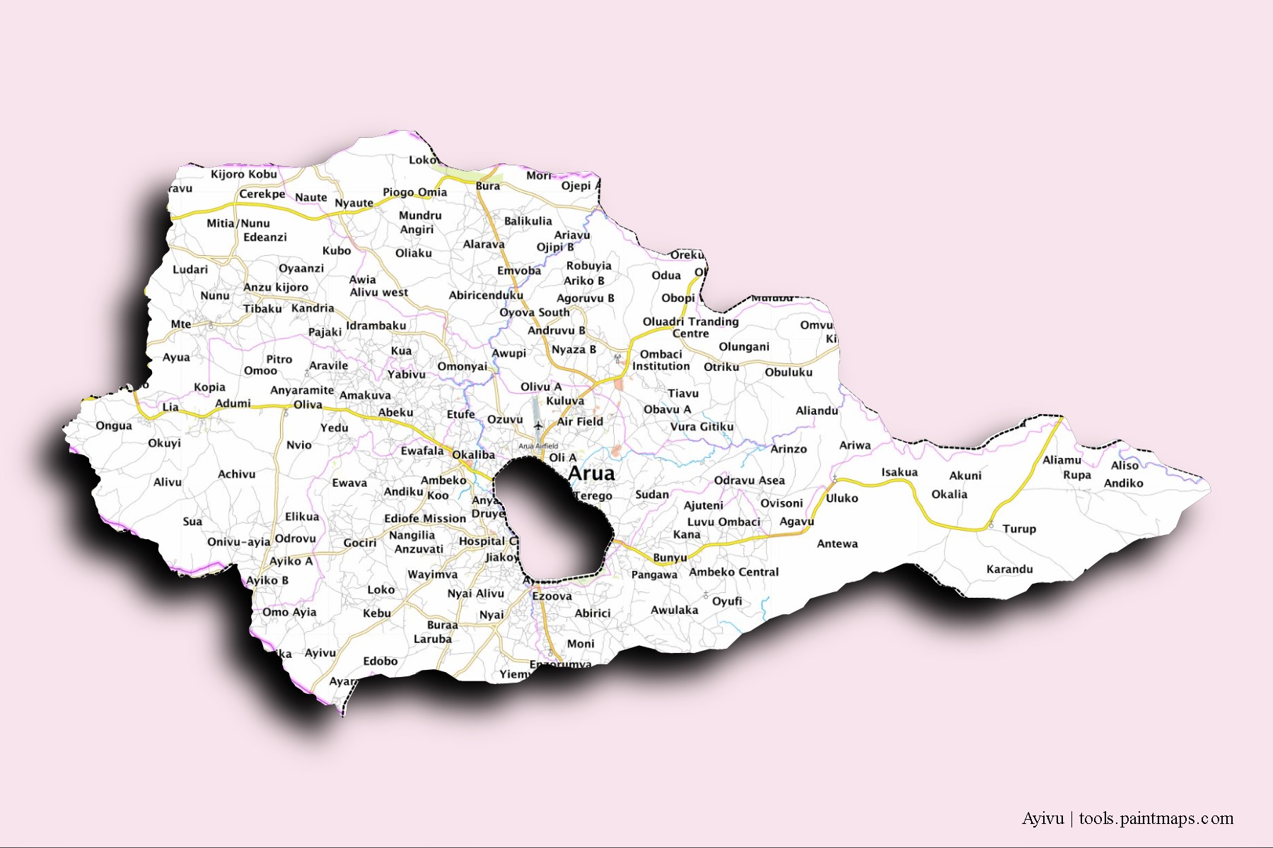 Mapa de barrios y pueblos de Ayivu con efecto de sombra 3D