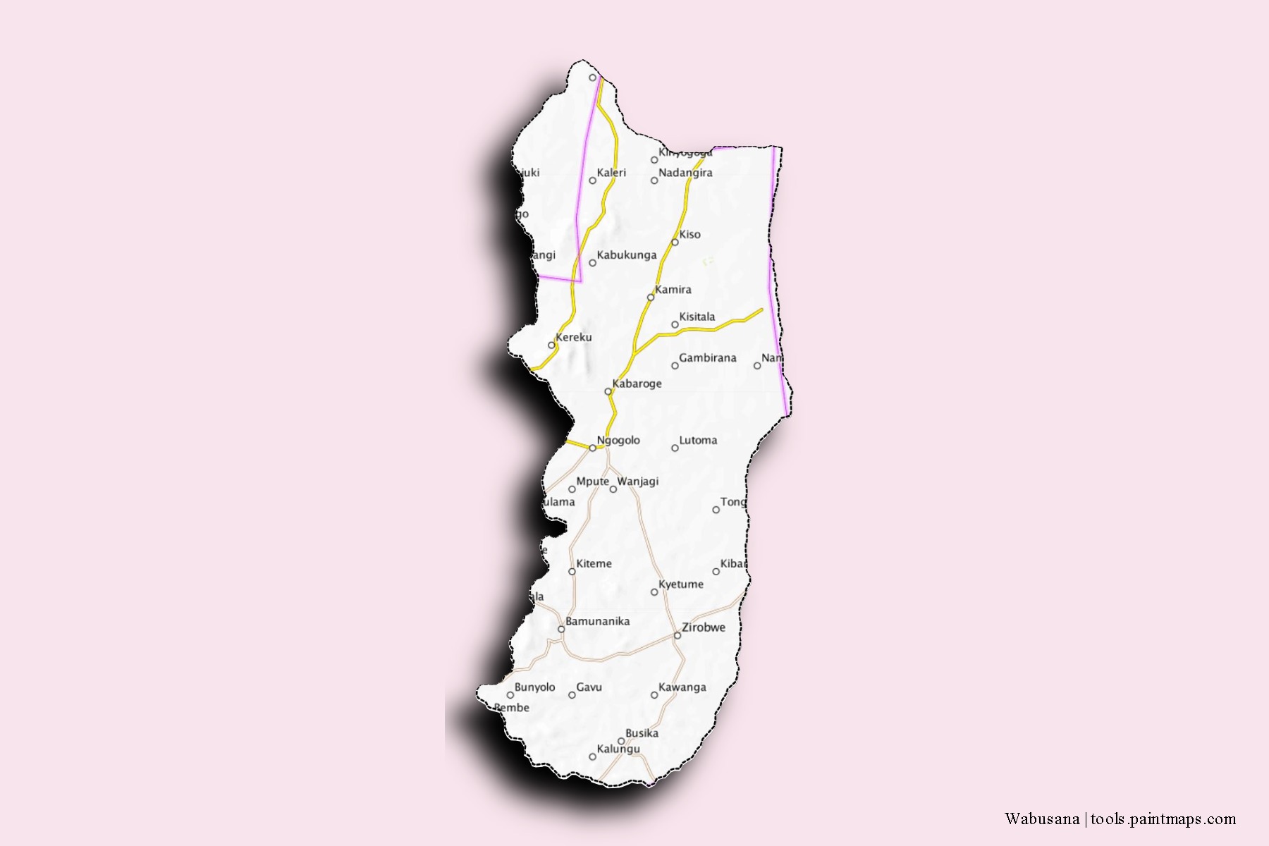 Mapa de barrios y pueblos de Wabusana con efecto de sombra 3D