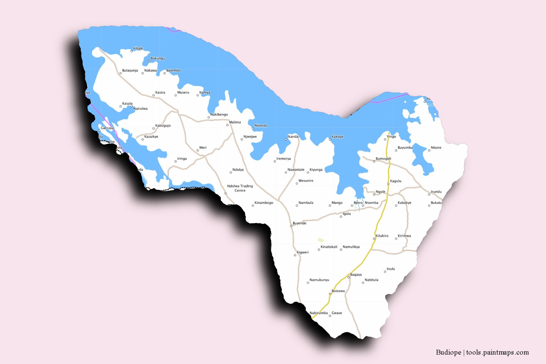 Mapa de barrios y pueblos de Budiope con efecto de sombra 3D