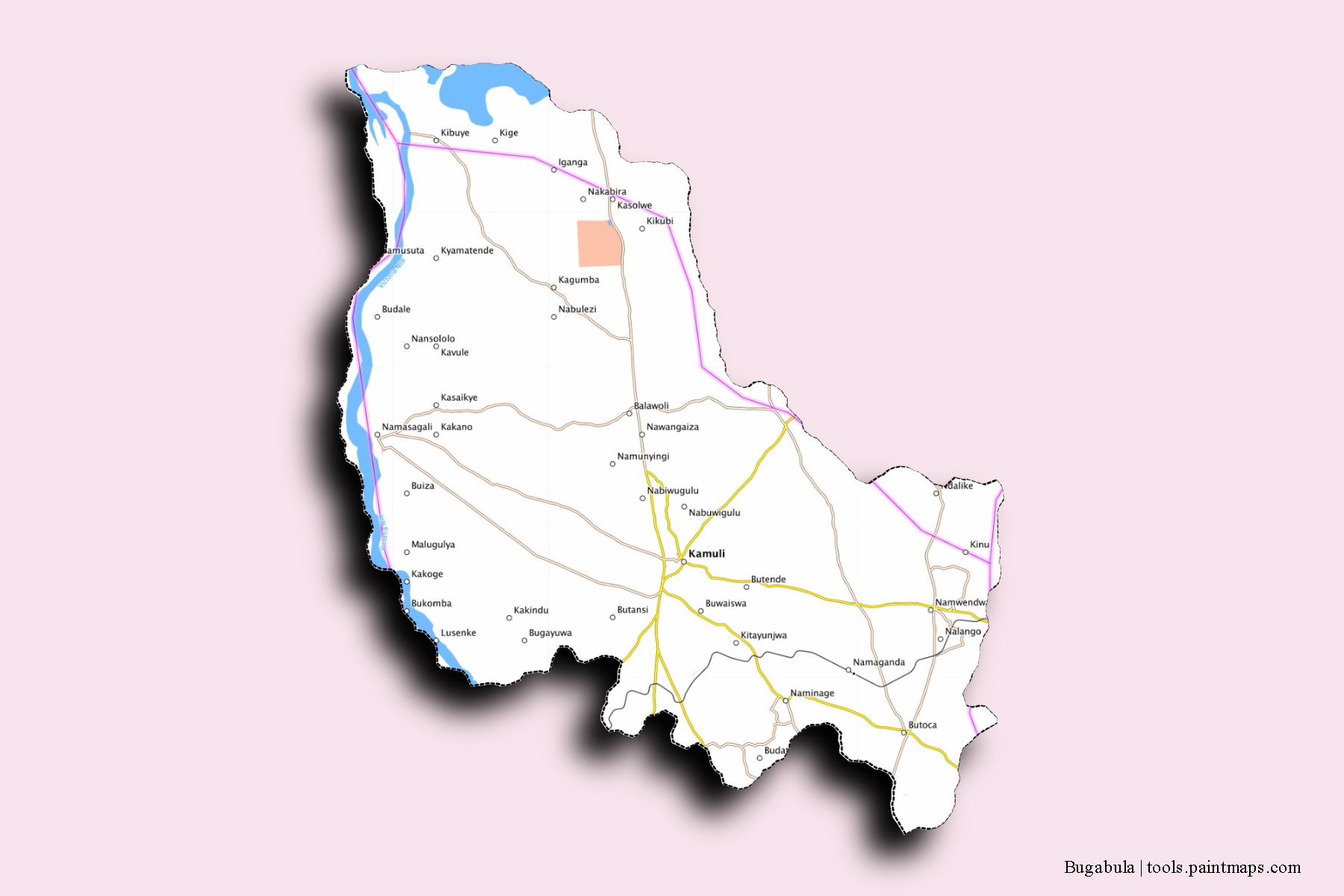 Mapa de barrios y pueblos de Bugabula con efecto de sombra 3D