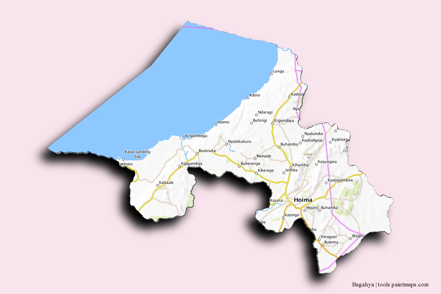 Mapa de barrios y pueblos de Bugahya con efecto de sombra 3D