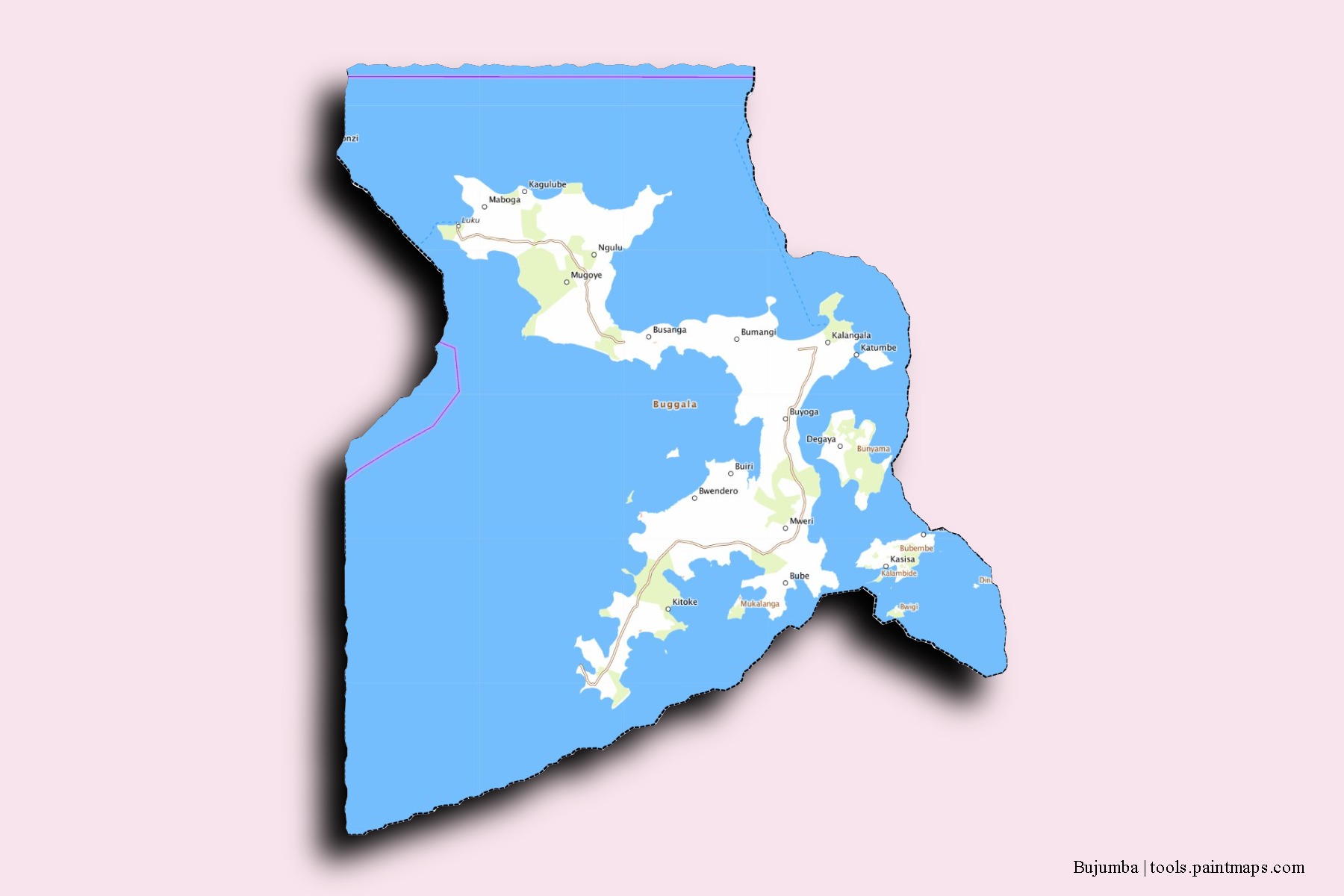 Mapa de barrios y pueblos de Bujumba con efecto de sombra 3D