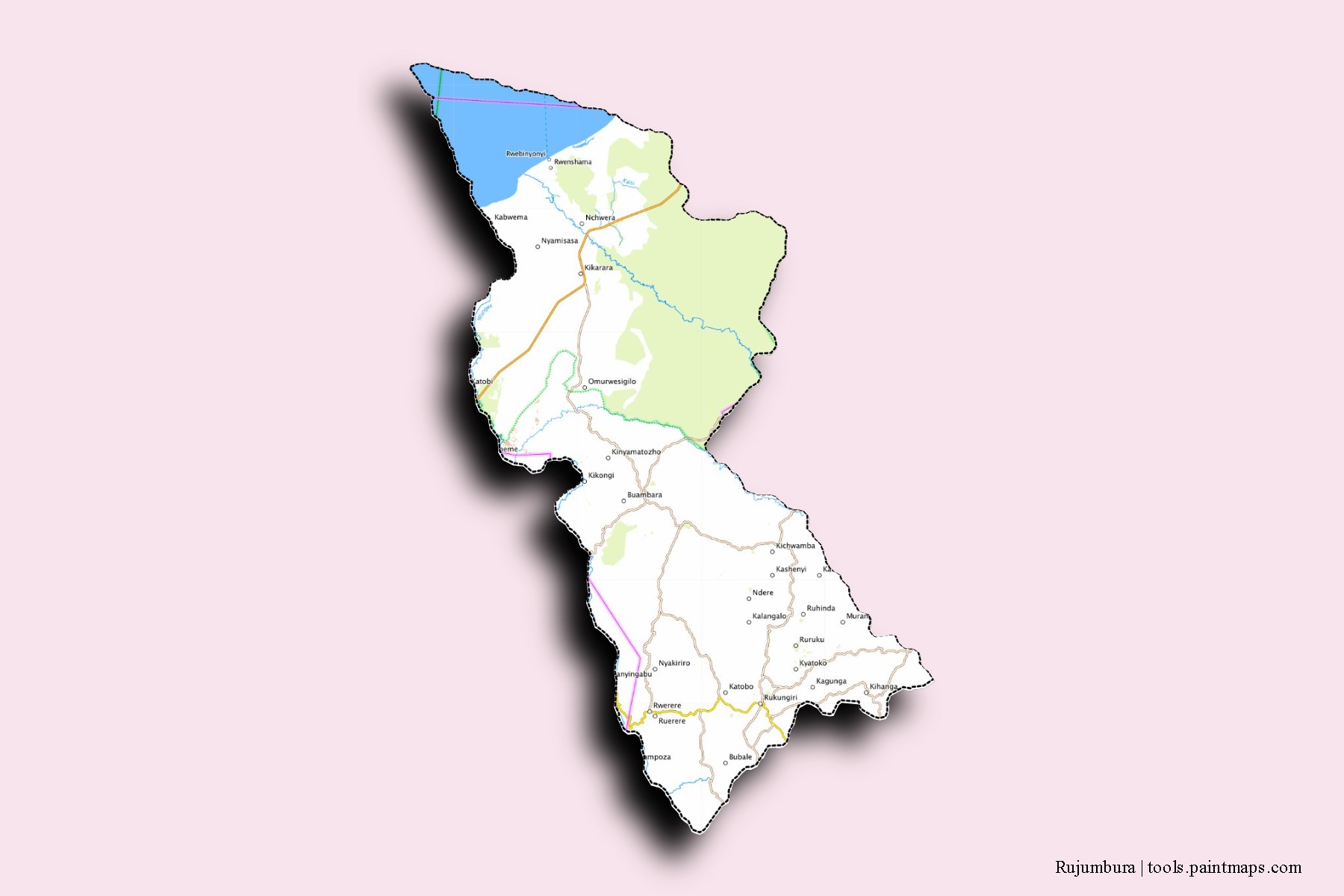 Rujumbura neighborhoods and villages map with 3D shadow effect