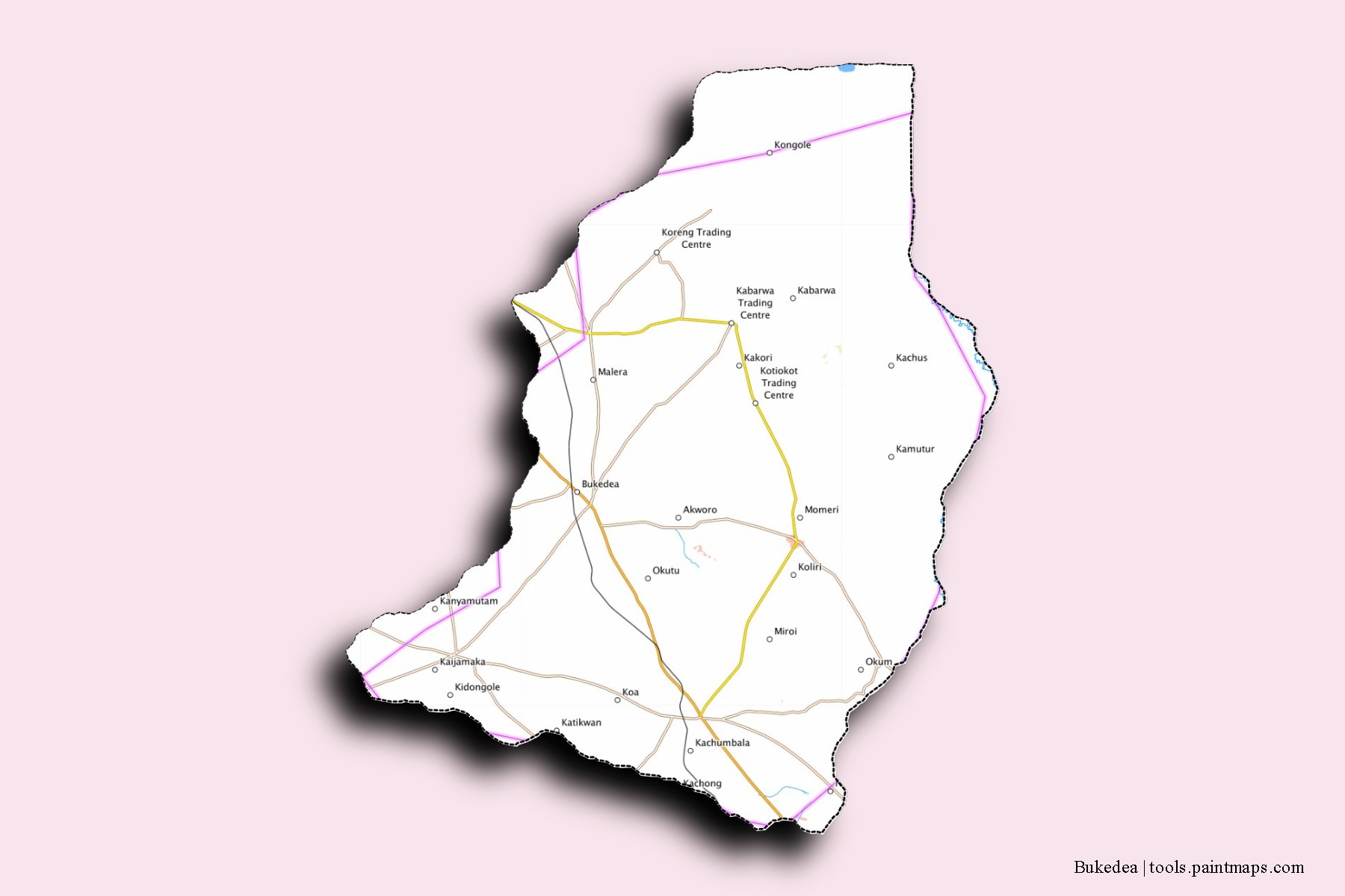 Mapa de barrios y pueblos de Bukedea con efecto de sombra 3D