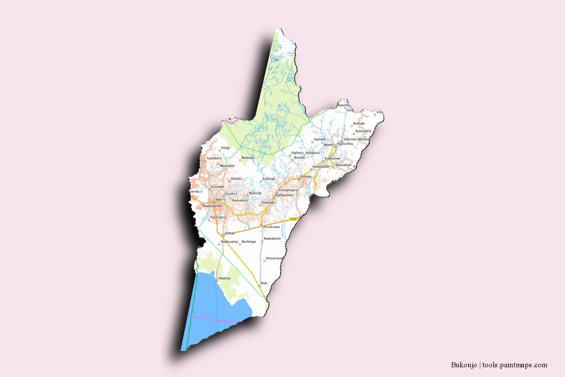 Mapa de barrios y pueblos de Bukonjo con efecto de sombra 3D