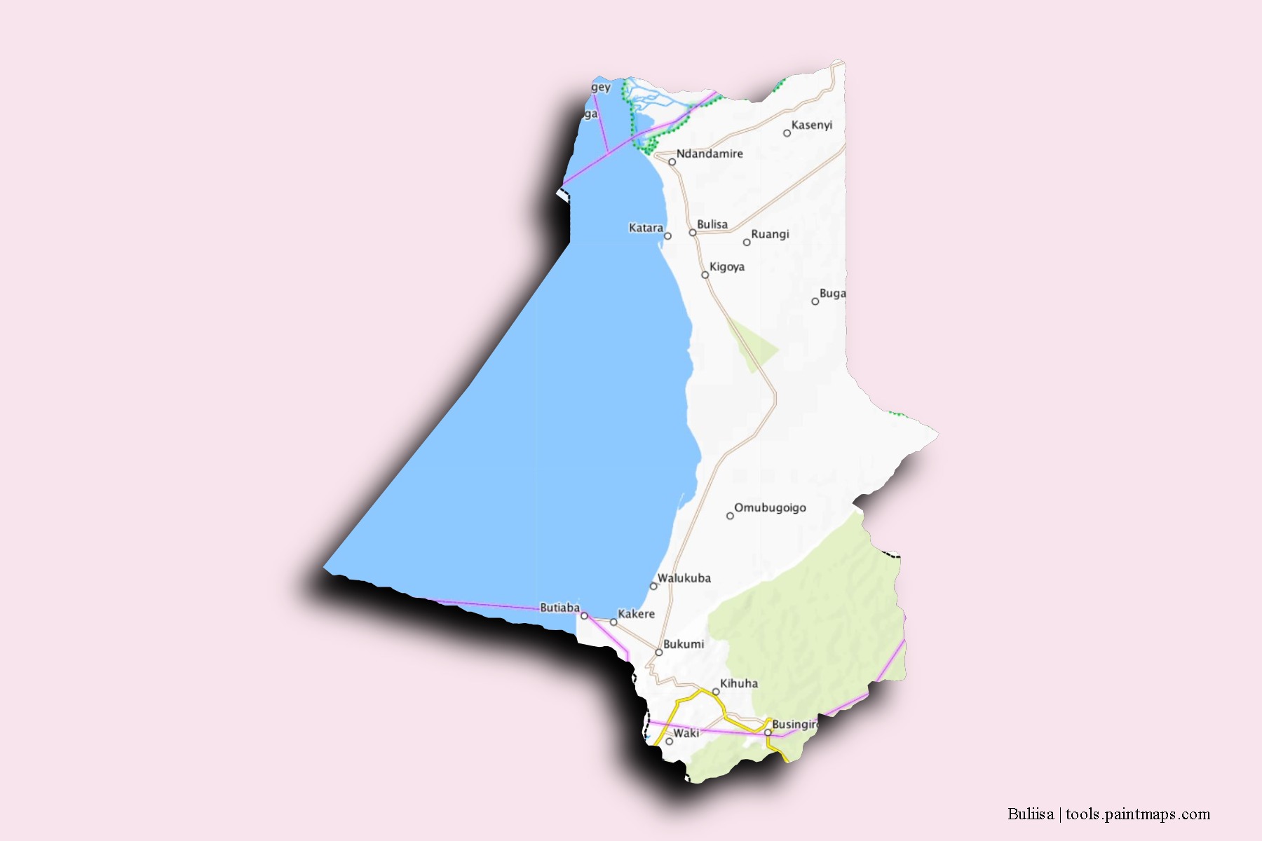 3D gölge efektli Buliisa District mahalleleri ve köyleri haritası