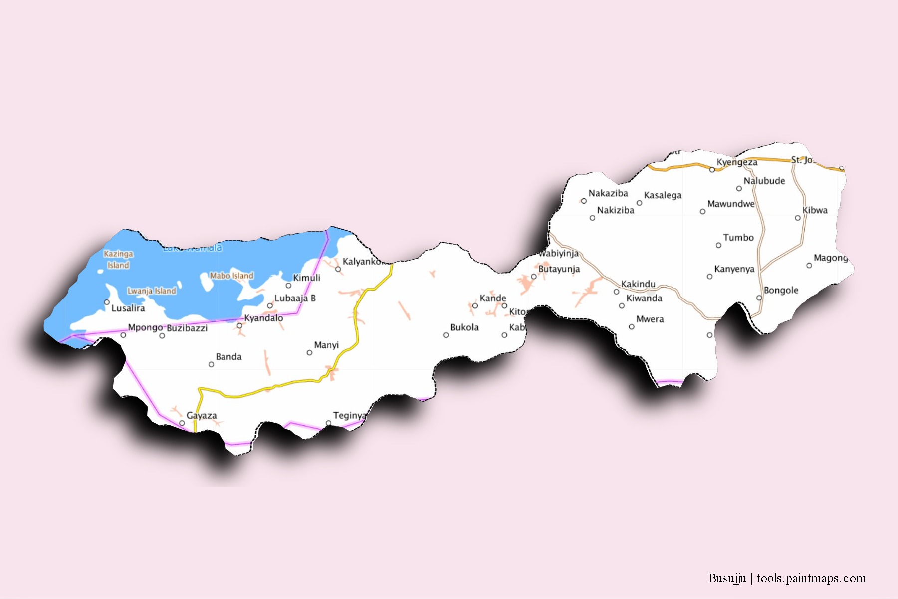 Busujju neighborhoods and villages map with 3D shadow effect