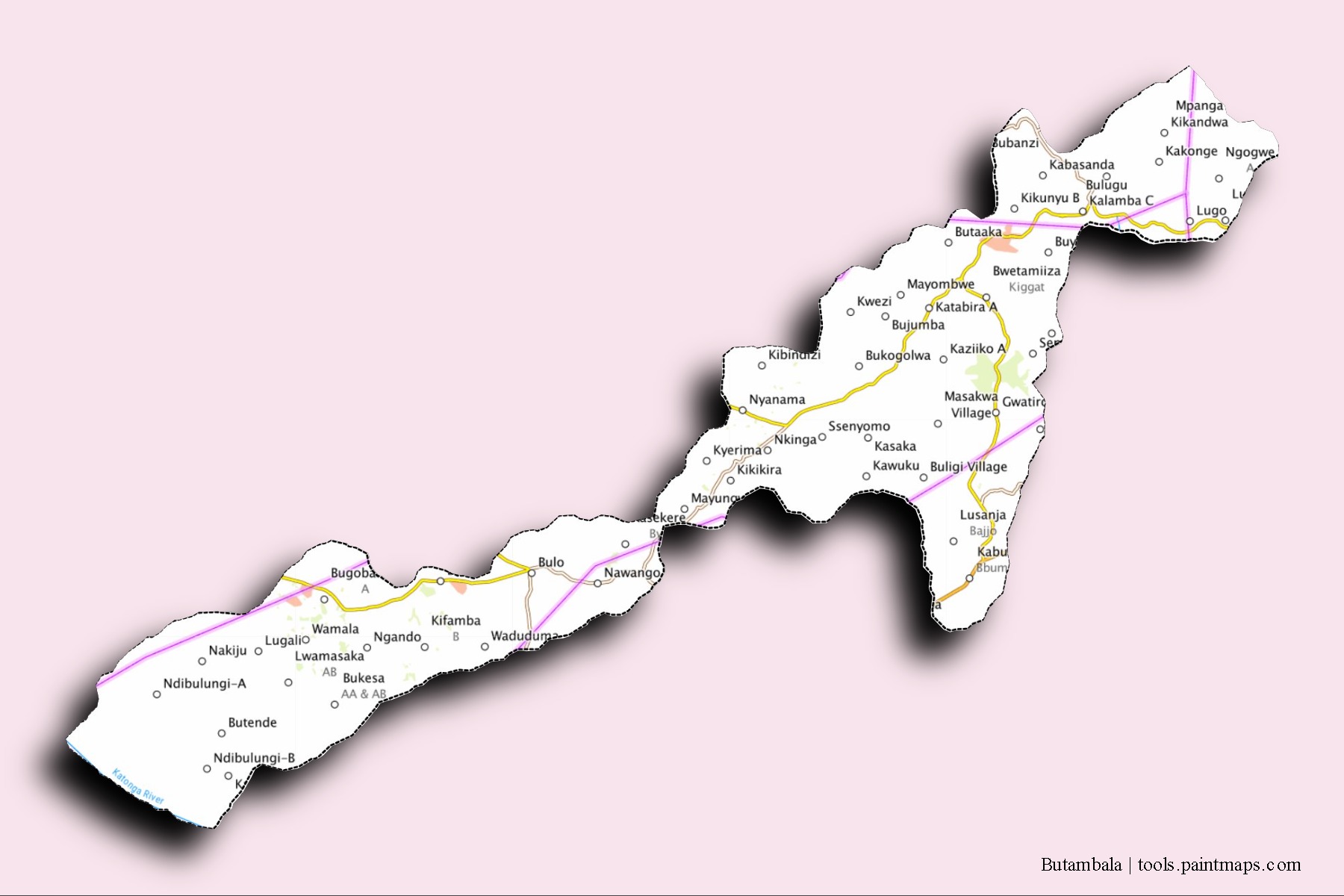 Mapa de barrios y pueblos de Butambala con efecto de sombra 3D