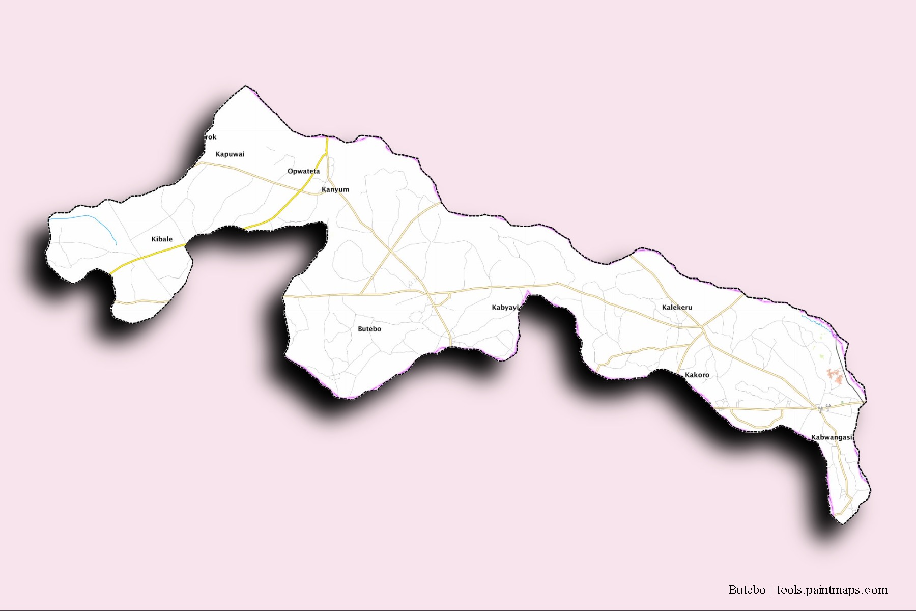 Mapa de barrios y pueblos de Butebo con efecto de sombra 3D