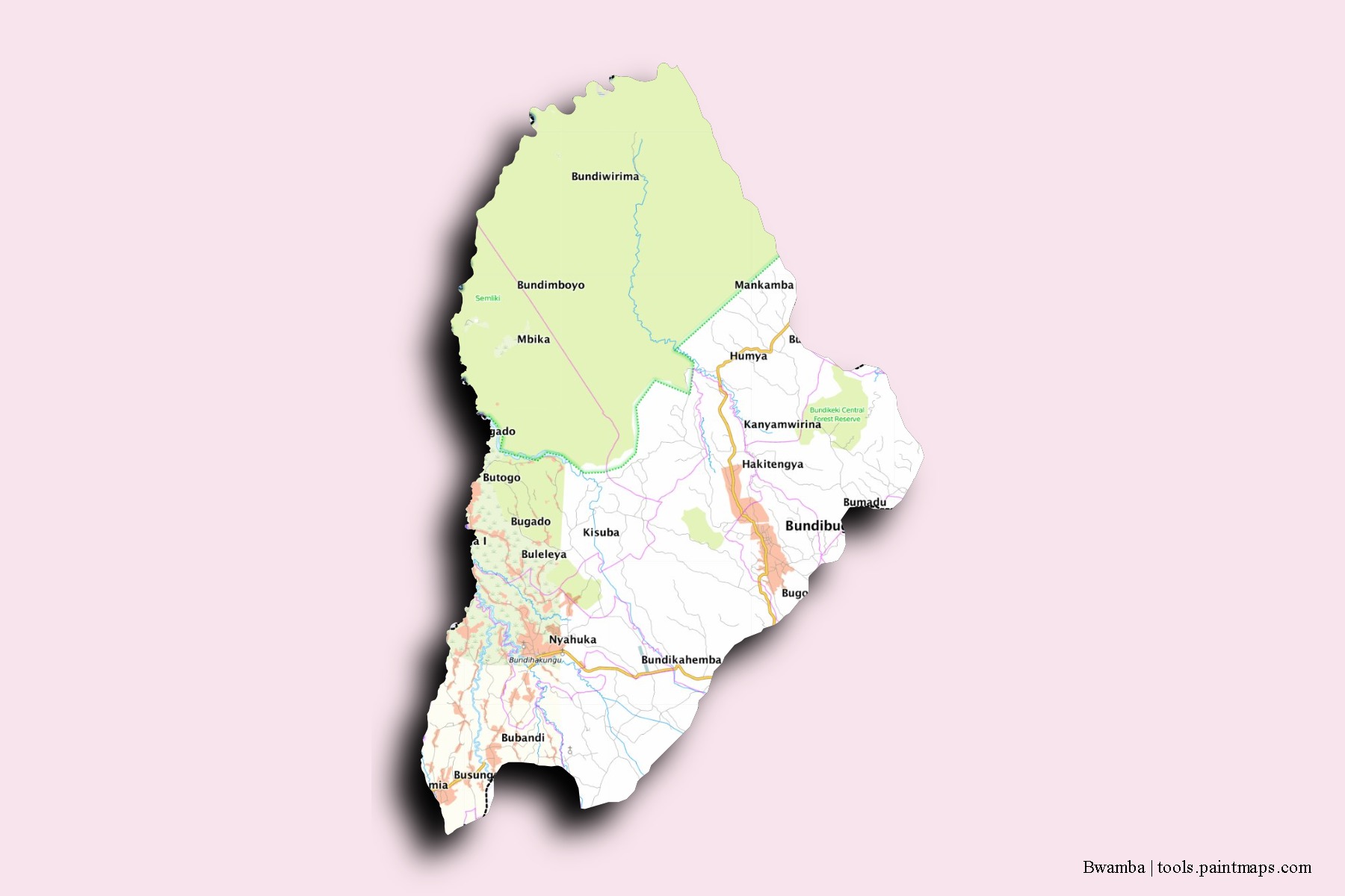 Mapa de barrios y pueblos de Bwamba con efecto de sombra 3D