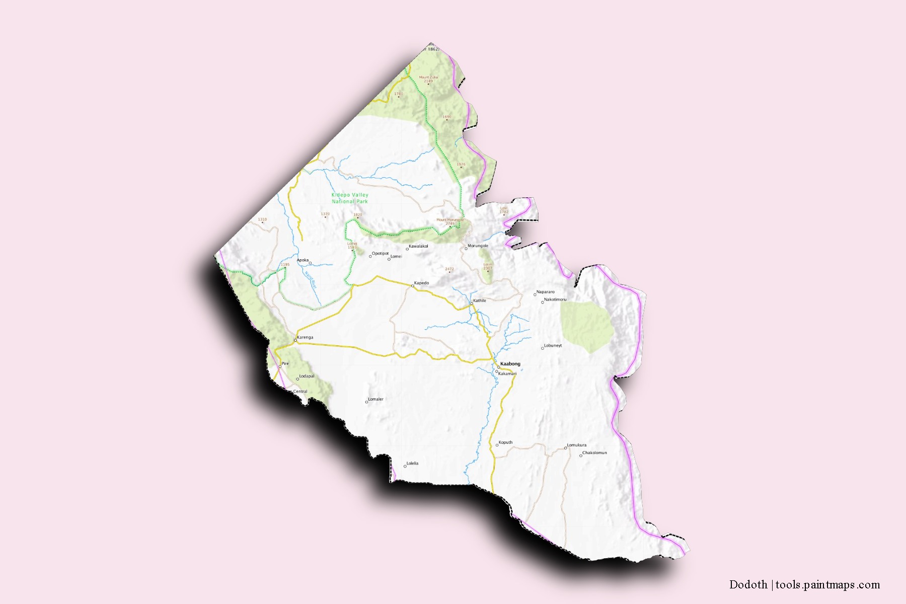 Mapa de barrios y pueblos de Dodoth con efecto de sombra 3D