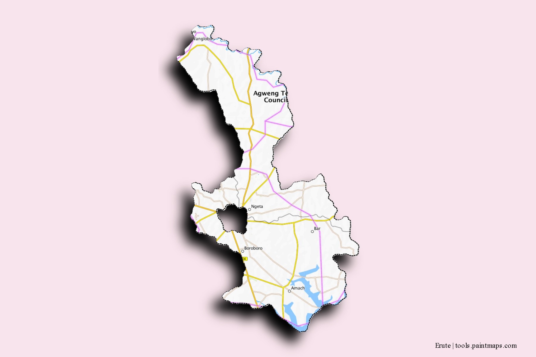 Mapa de barrios y pueblos de Erute con efecto de sombra 3D