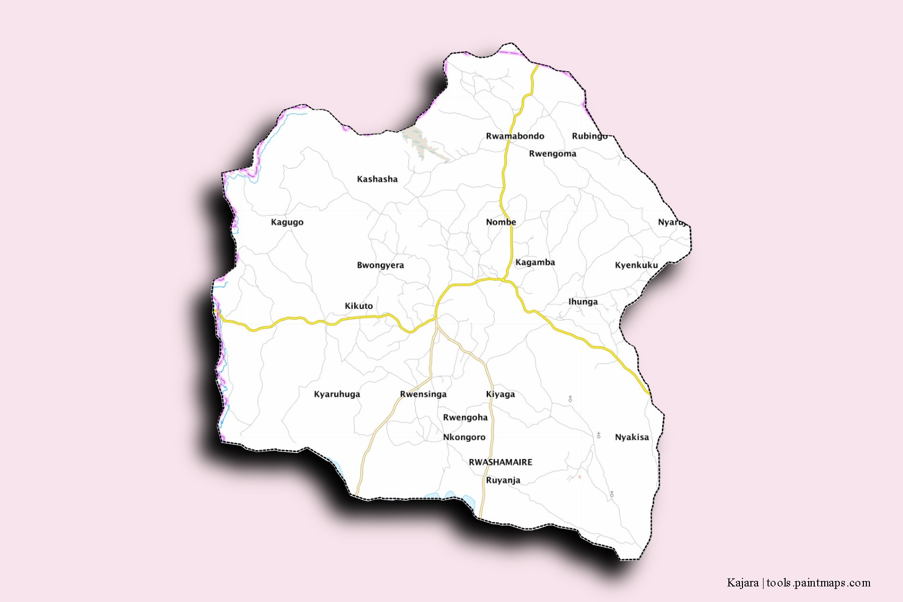 Mapa de barrios y pueblos de Kajara con efecto de sombra 3D