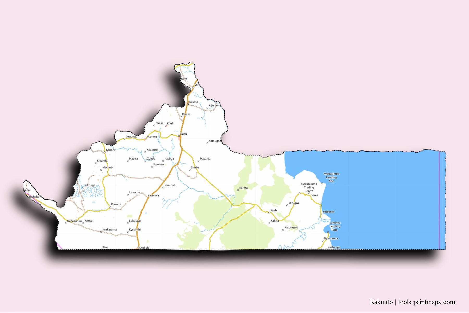 Mapa de barrios y pueblos de Kakuuto con efecto de sombra 3D