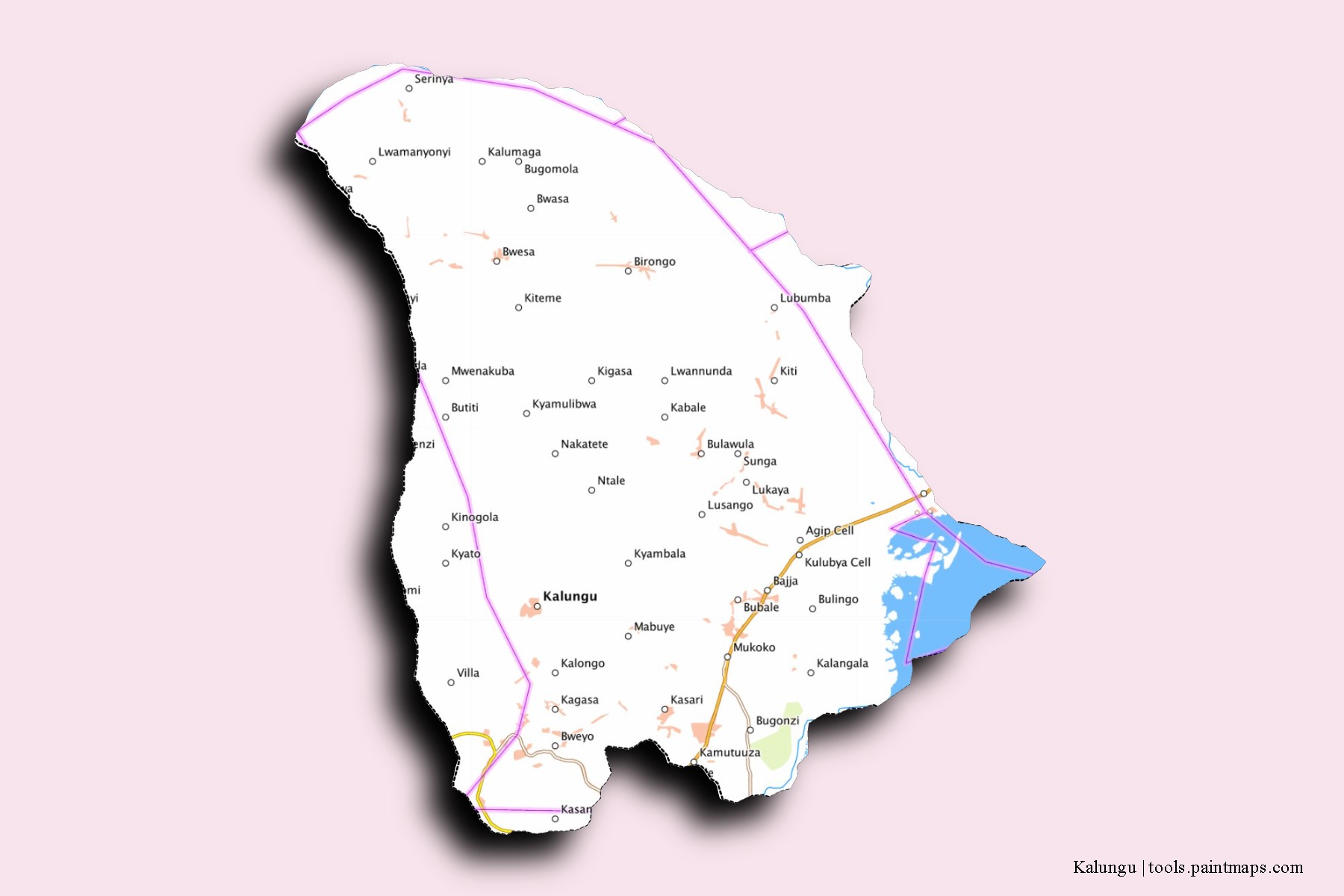 Mapa de barrios y pueblos de Kalungu con efecto de sombra 3D