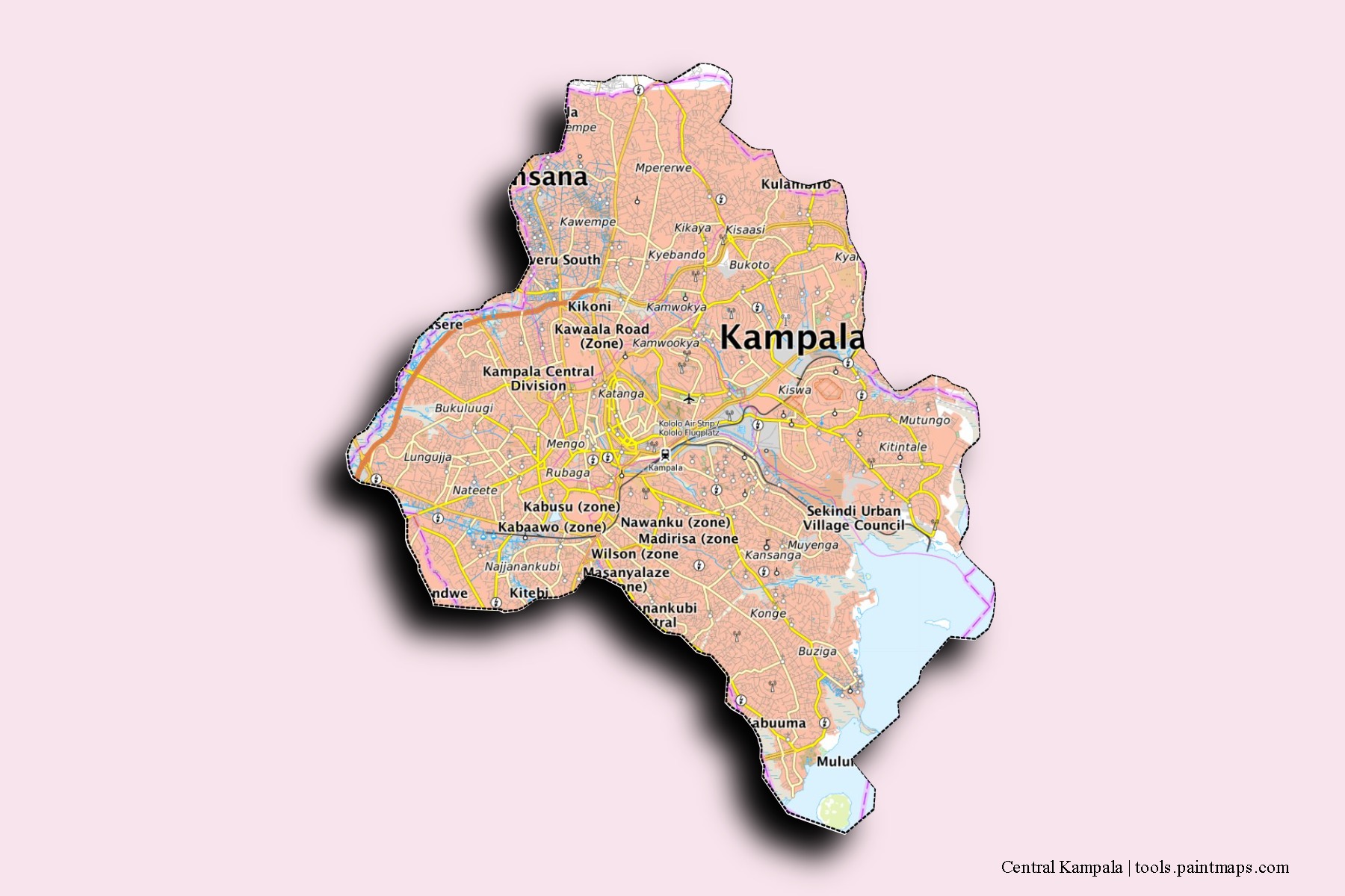 Mapa de barrios y pueblos de Central Kampala con efecto de sombra 3D