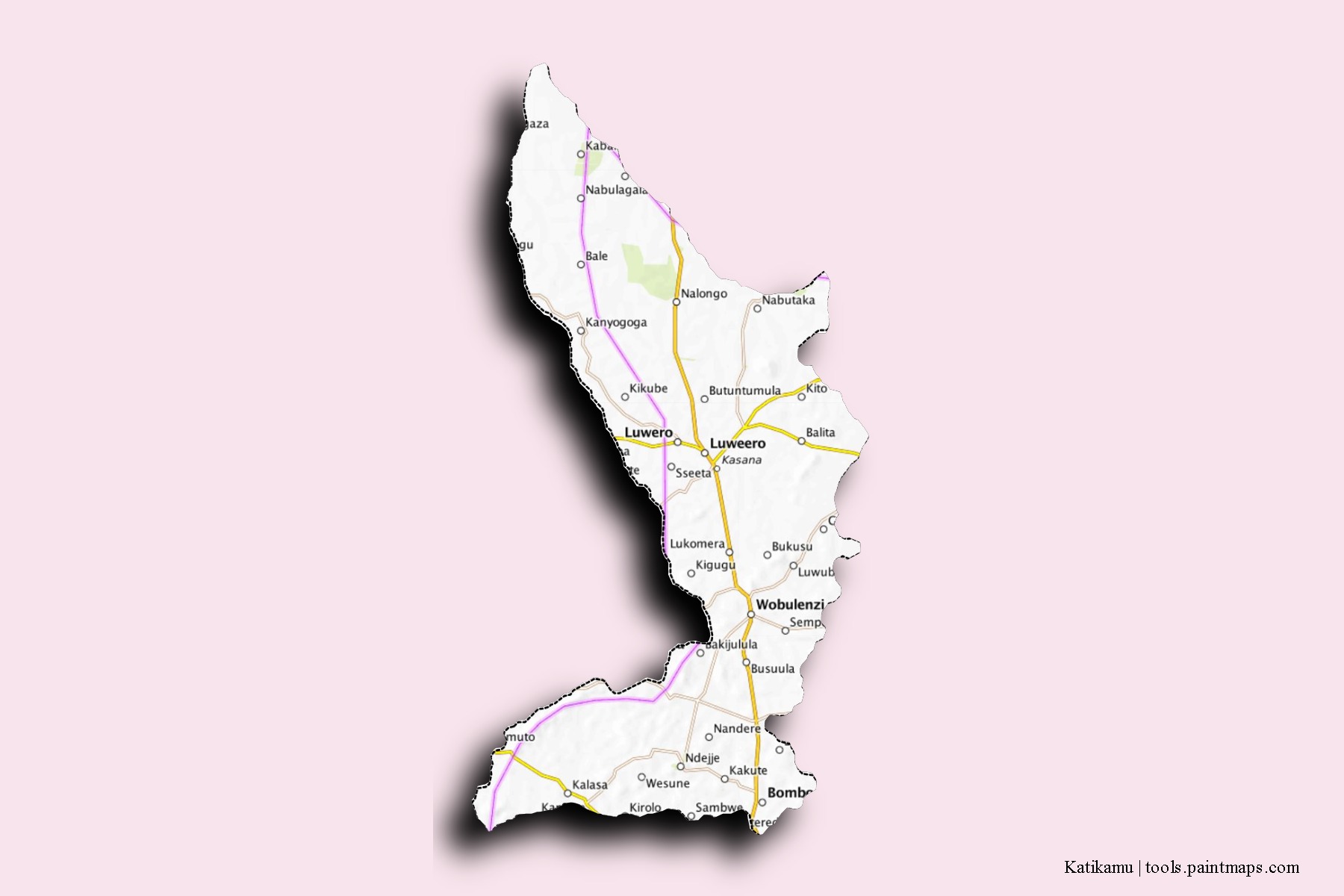 Mapa de barrios y pueblos de Katikamu con efecto de sombra 3D