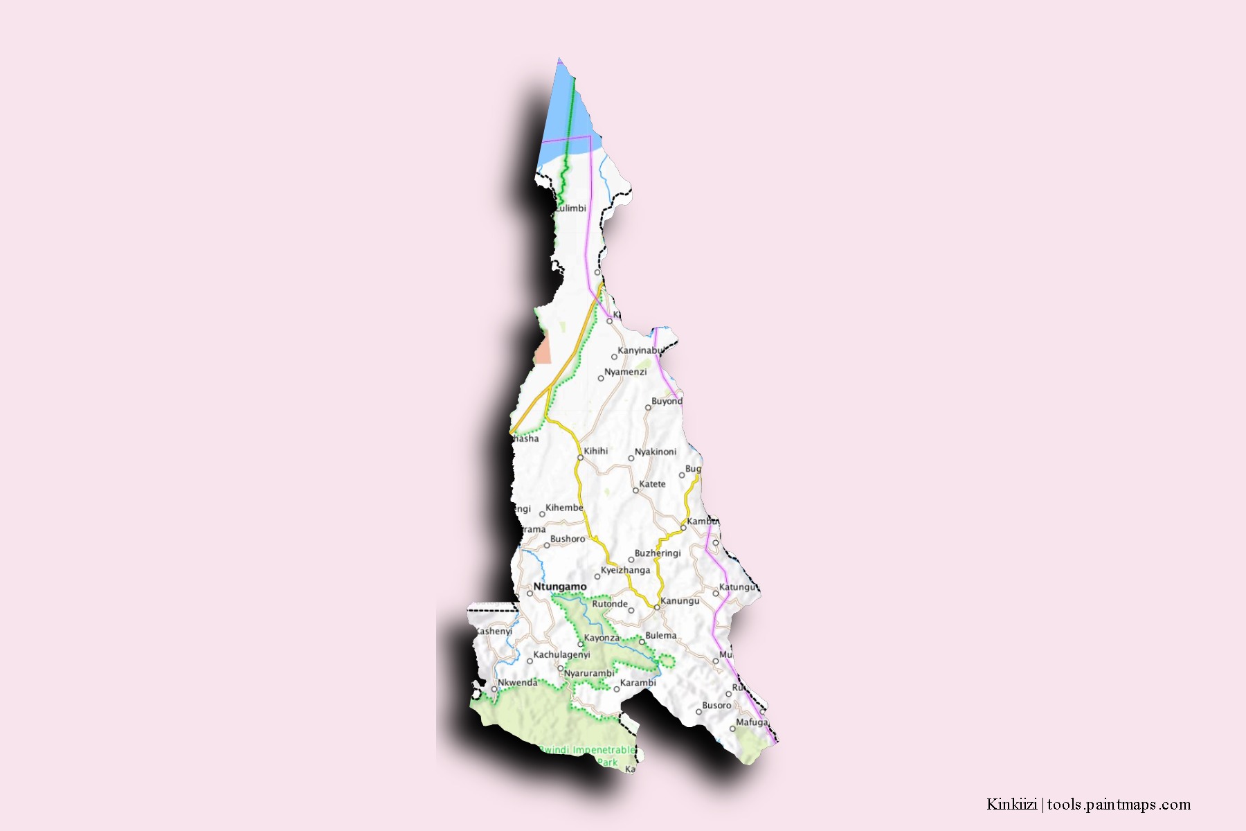 Mapa de barrios y pueblos de Kinkiizi con efecto de sombra 3D