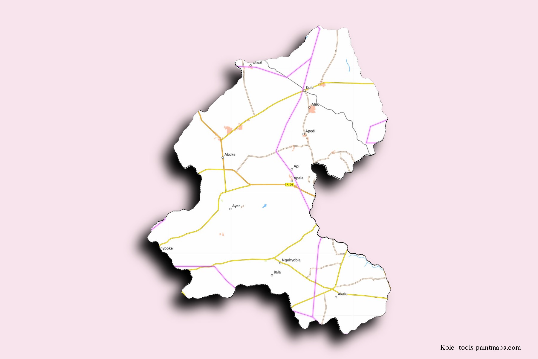 3D gölge efektli Kole District mahalleleri ve köyleri haritası