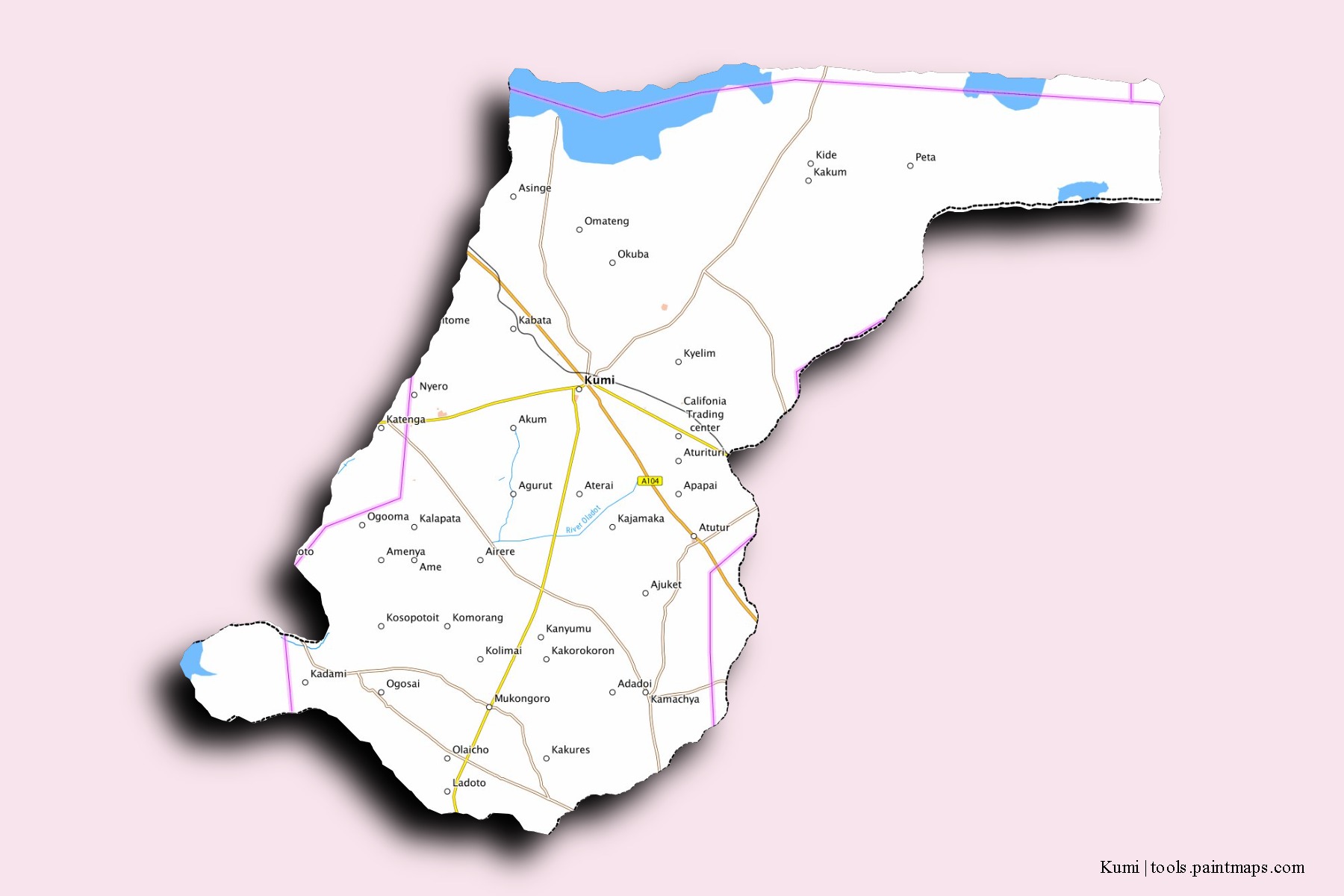 Mapa de barrios y pueblos de Kumi con efecto de sombra 3D