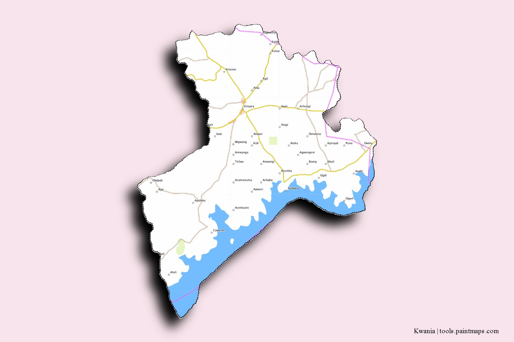 Mapa de barrios y pueblos de Kwania con efecto de sombra 3D