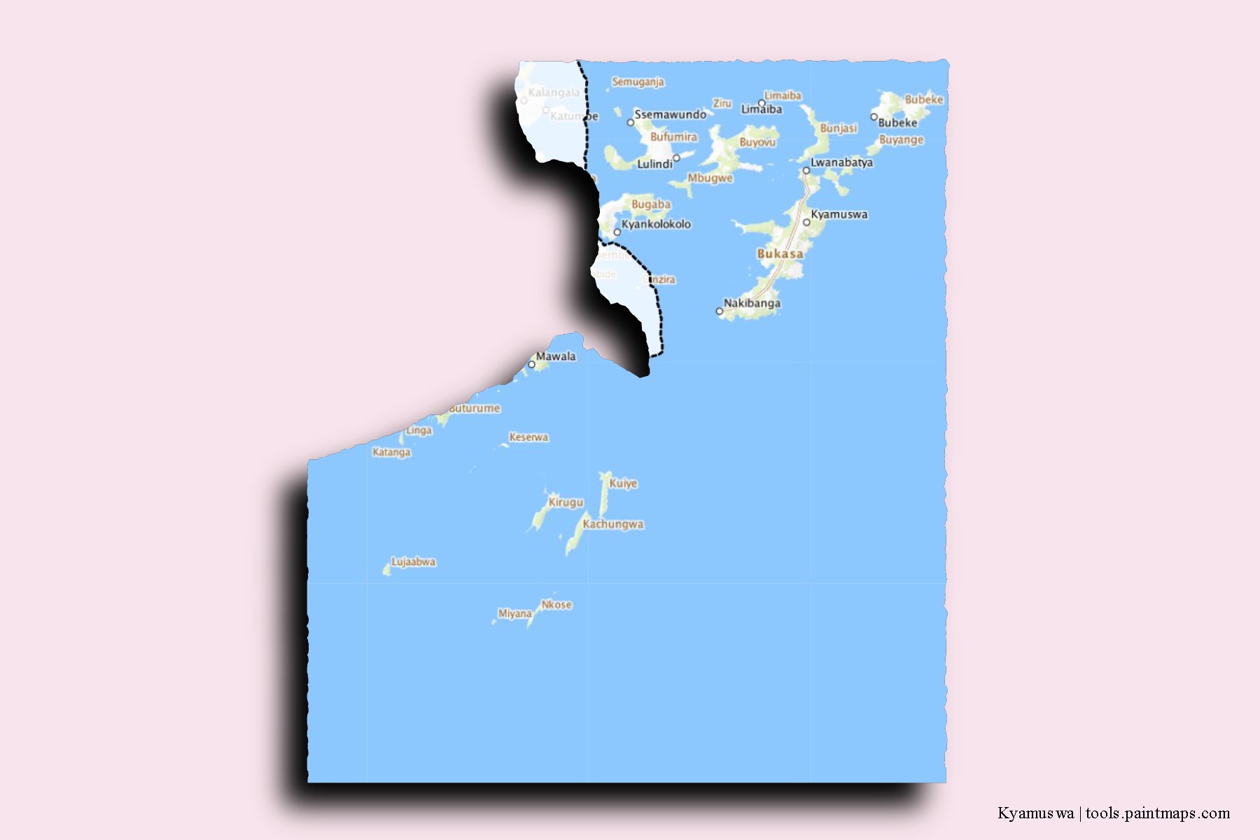 Mapa de barrios y pueblos de Kyamuswa con efecto de sombra 3D